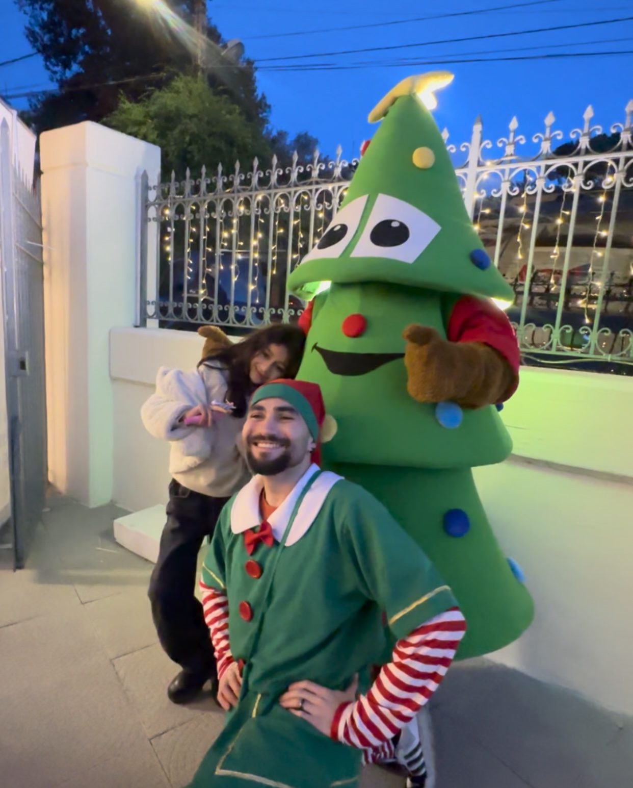 A Christmas tree mascot and an elf pose with a young visitor at dusk