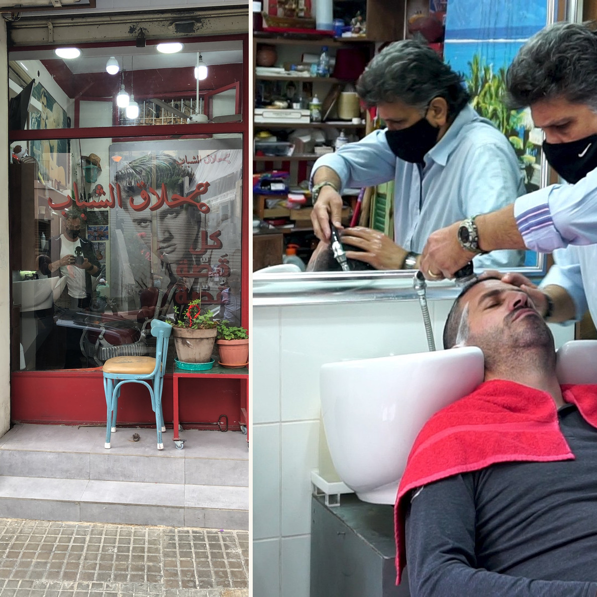 The Hellak El Shabeb barbershop storefront, and a barber washing a client’s hair inside
